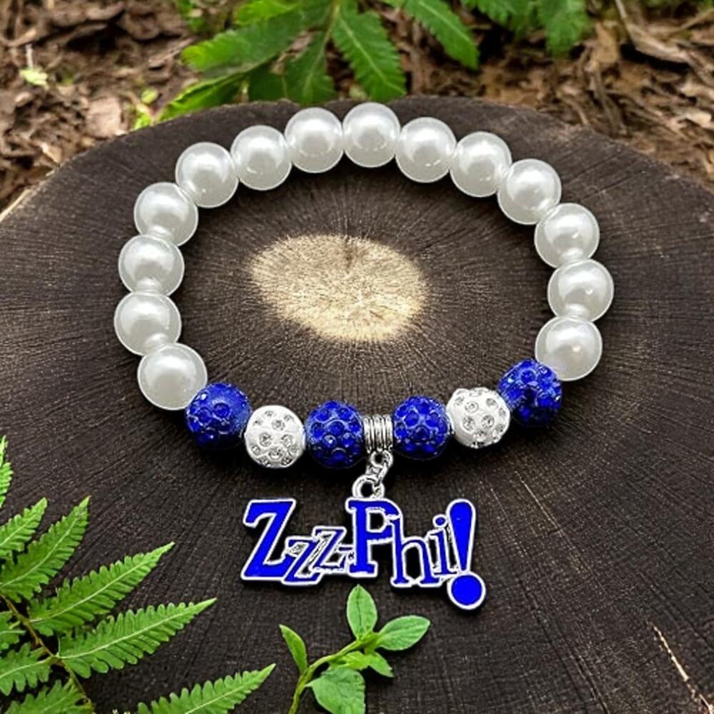 Zeta Phi Beta Bracelet‎ Blue and White Pearls rhinestone with ZzzPhi!